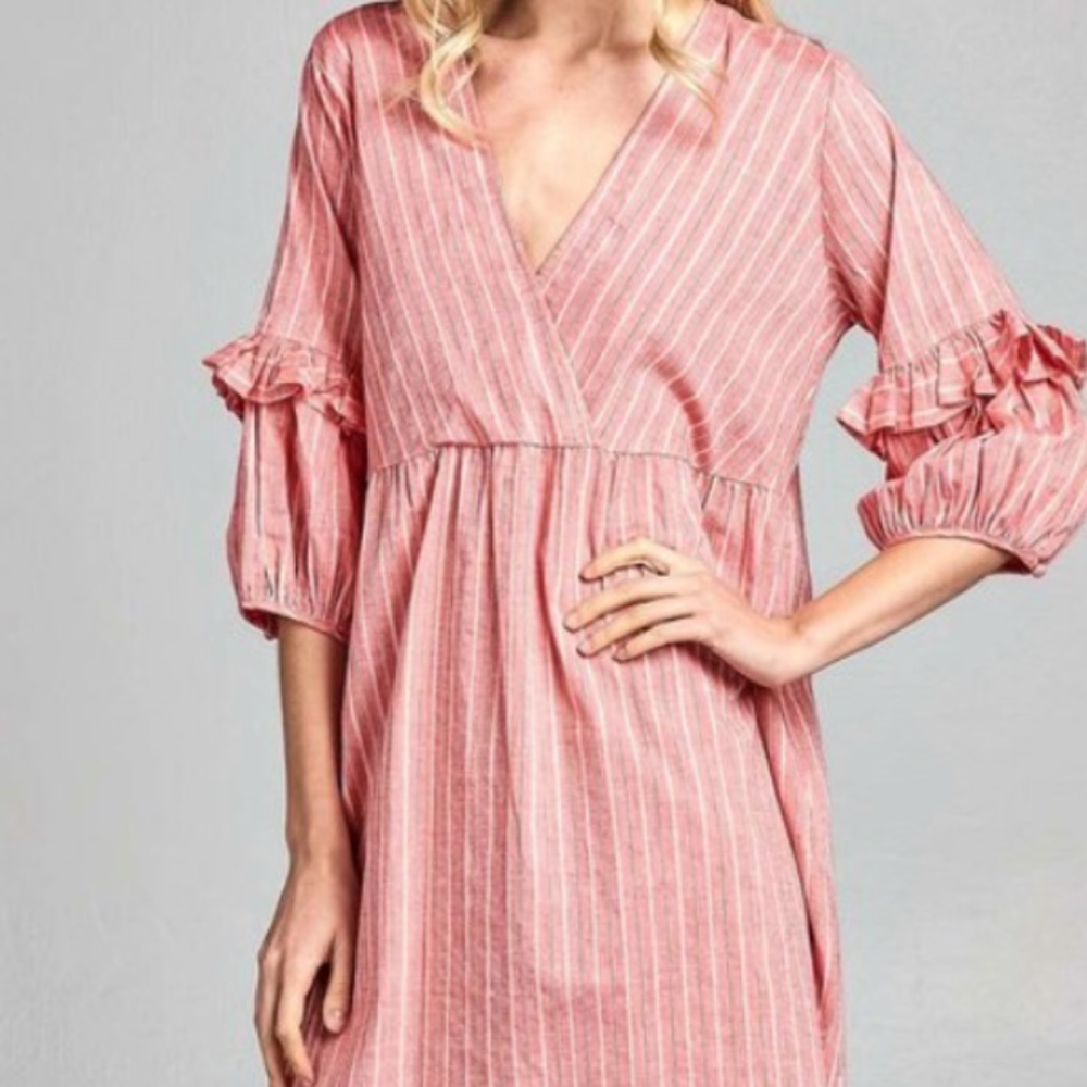 Babydoll vneck ruffle sleeves corral striped dress - Picture 2 of 6